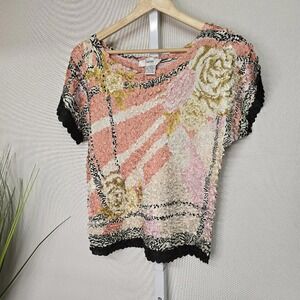 Dorman Vintage Popcorn Bubble Shirt One Size Floral Pink Textured Crinkle Top‎